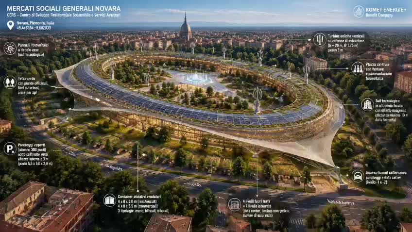 Mercati Sociali Generali Novara — frame from the supplied concept video; source marks preserved, not completed works.