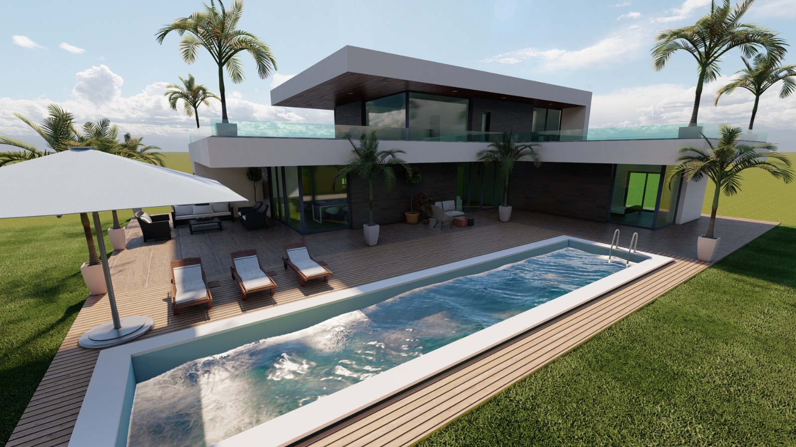 Daytime villa, pool and terrace concept.